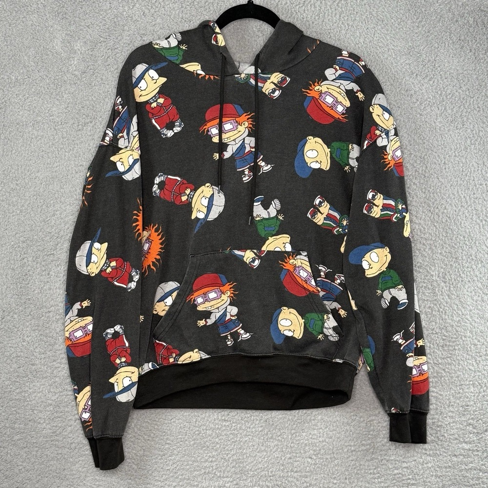 Nickelodeon Rugrats Hoodie Mens M Black Sweatshirt Long Sleeve Pullover AOP